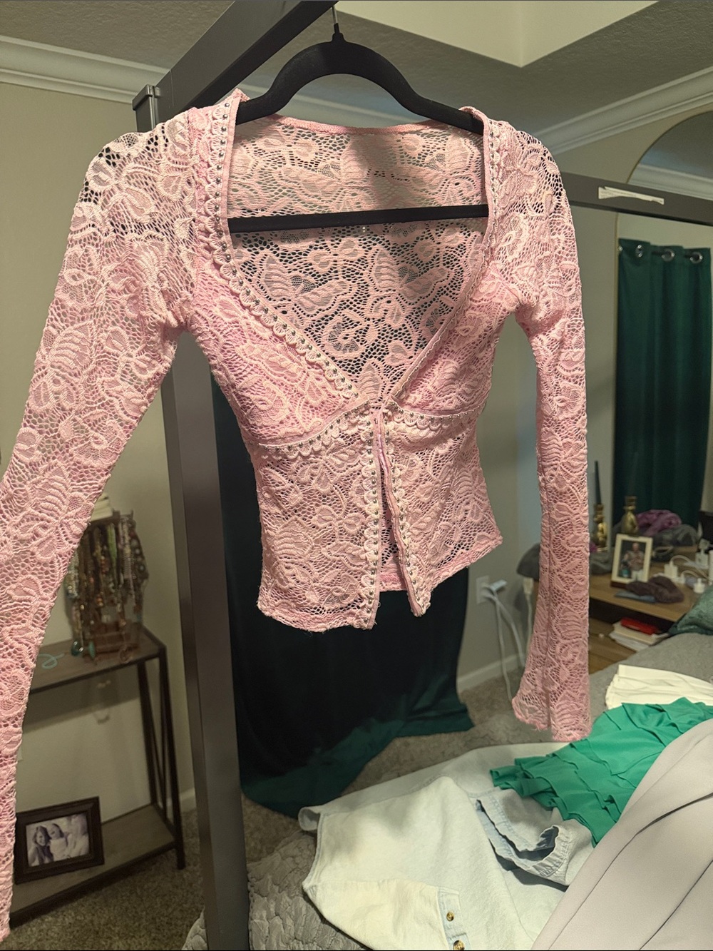 Feminine Pink Lace Wrap-Style Long Sleeve Top